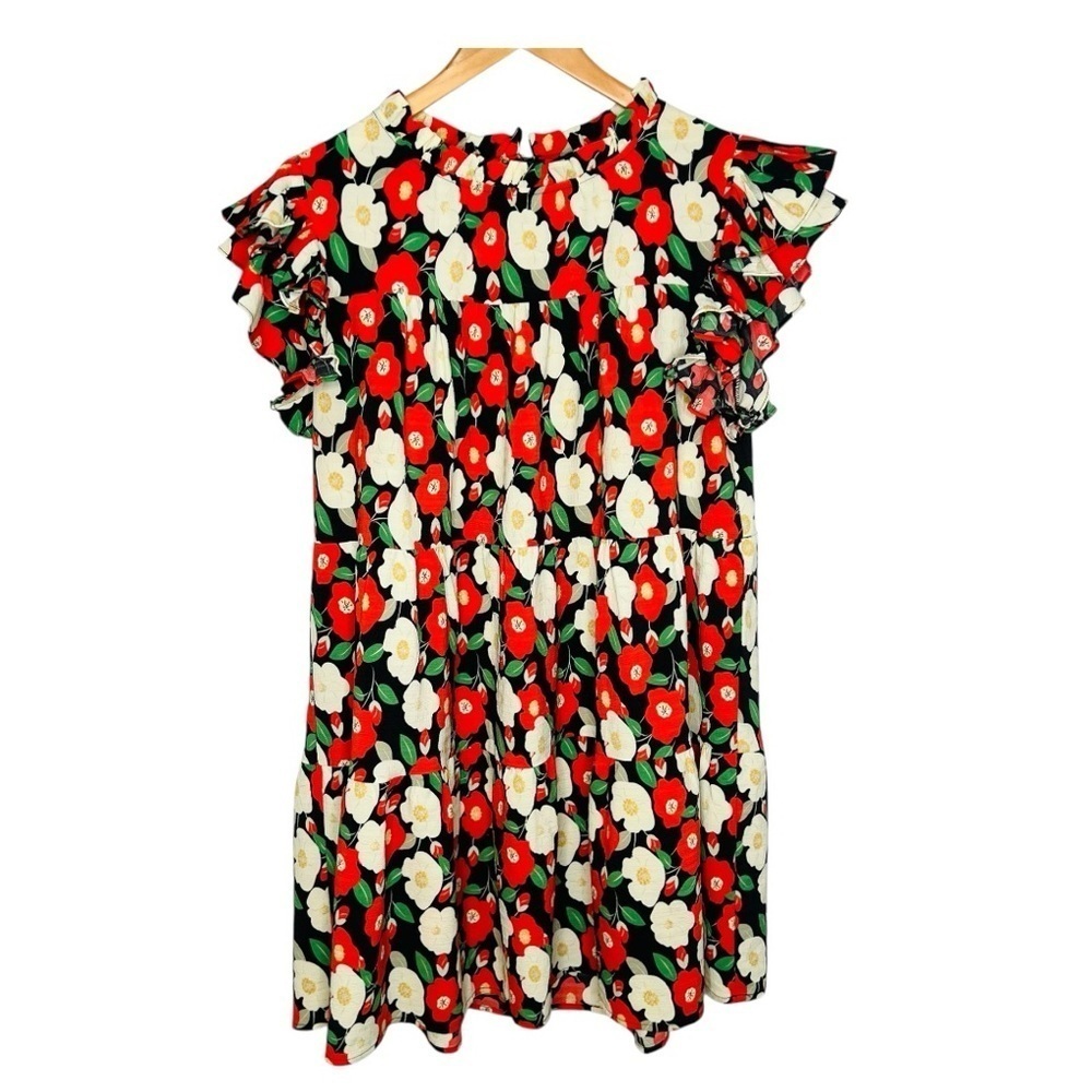 Jodifl Dark Floral Ruffle Sleeve Tiered Dress. Size Large.
